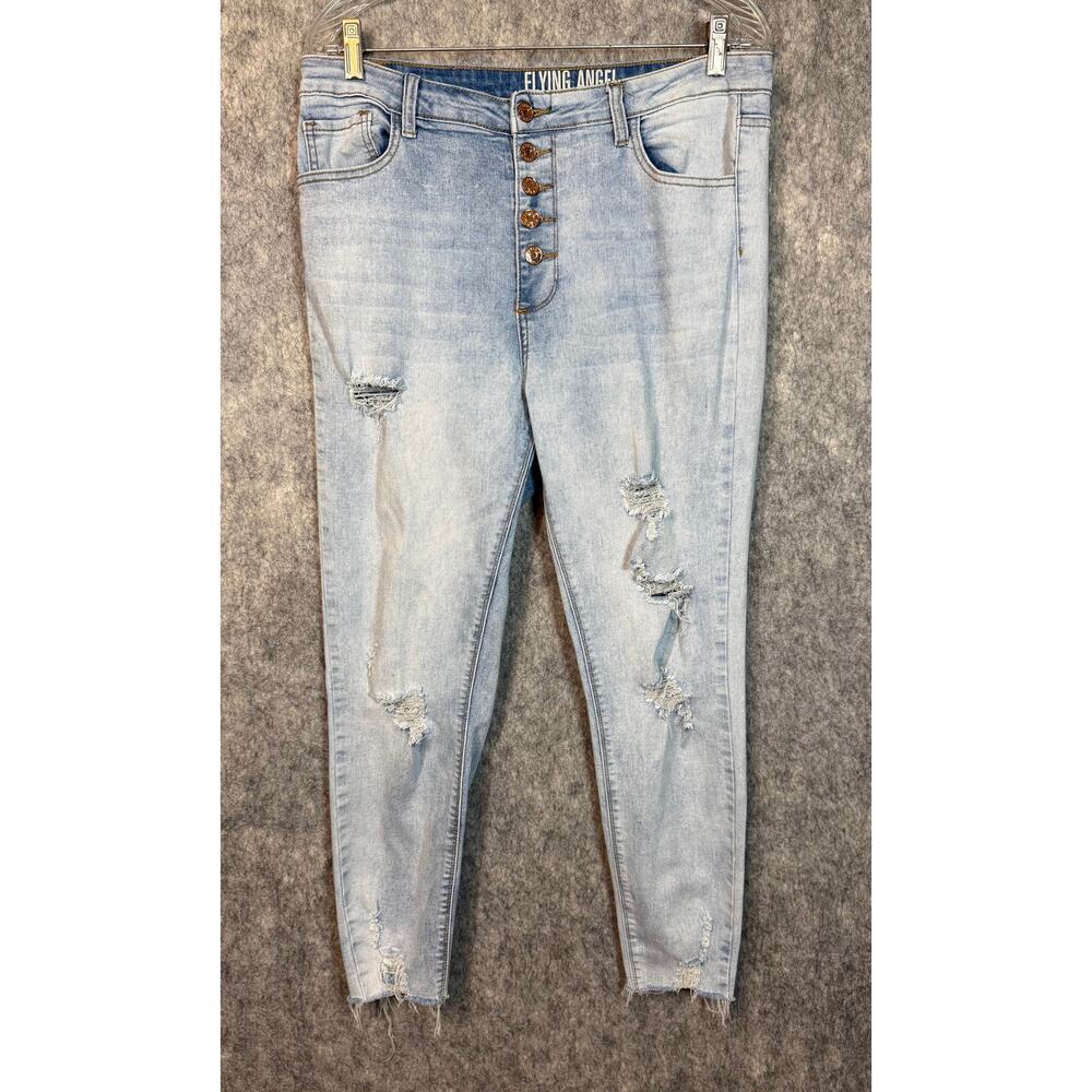 Flying Angel Womes Distressed Button Fly Light Wash Skinny Jeans - 15/16